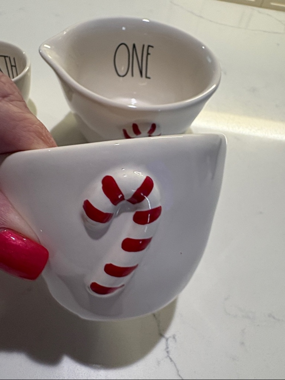 Rae Dunn White Ceramic Nesting Measuring Bowls with Red Candy Cane Accent - Picture 5 of 7